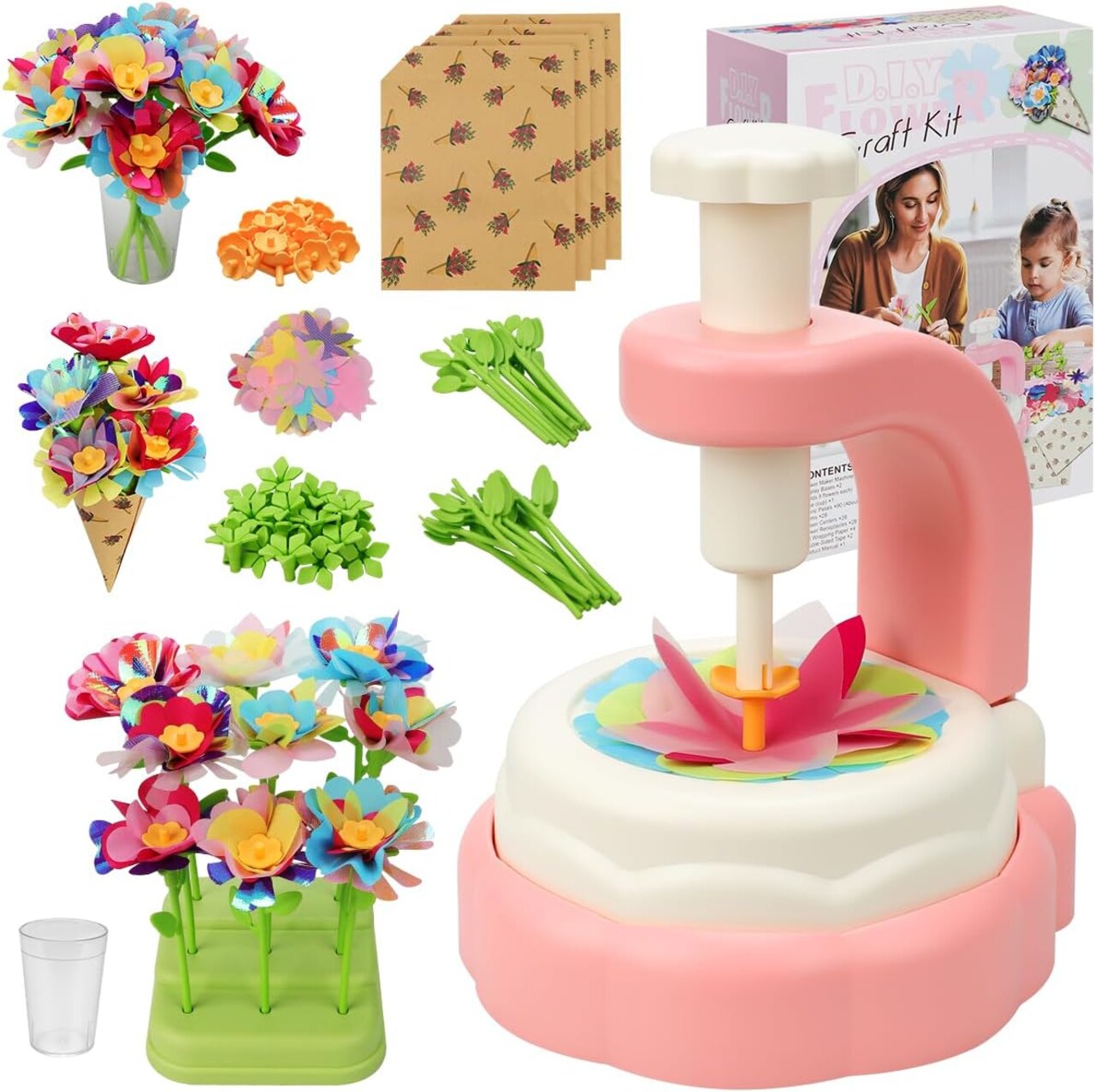 DIY Fabric Flower Craft Kit for Kids – Build Your Own Colorful Bouquet – Creative Arts & Crafts Toy for Girls Ages 4–8, Educational Birthday Gift (Pink) 5.51 x 7.09 x 5.12 inches